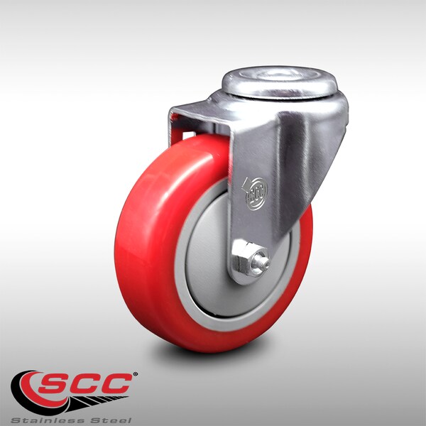 4 Inch SS Red Polyurethane Wheel Swivel Bolt Hole Caster